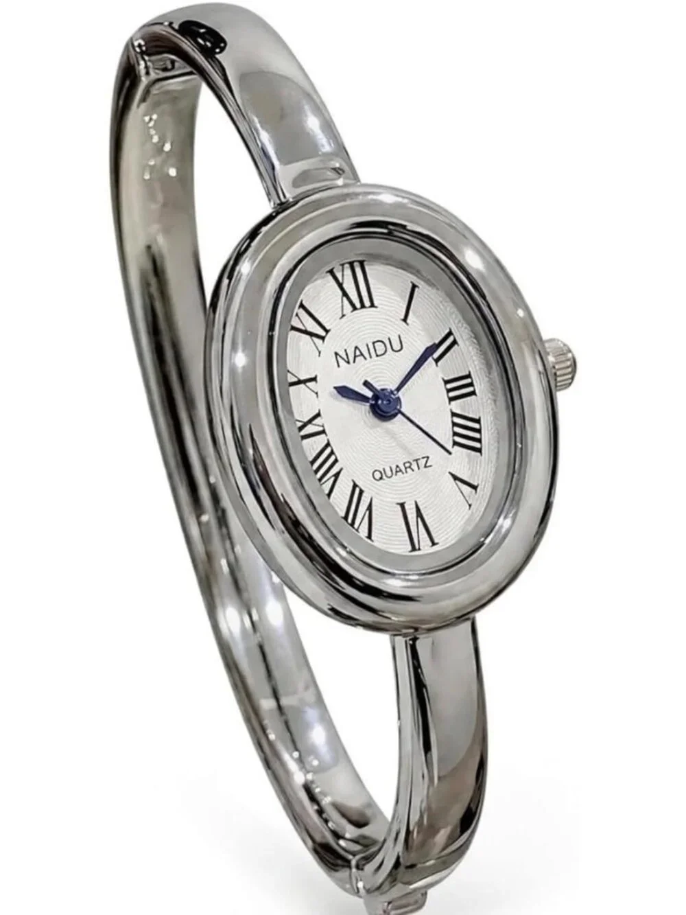 Women's Silver Bangle Bracelet Oval Dial Roman Numeral Elegant Style Wrist Watch